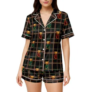 Xmas Dark Tartan Bear Pajamas Set for Women – Christmas Holiday Pajama Set, Cute Holiday Print Satin Sleepwear, Xmas Loungewear, Christmas Pajama