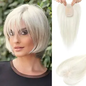 Real   H-air Toppers for women, 10 Inch Clip in Bangs 100%   H-air Toppers for Thinning Hair, Cover Hair Pieces with 150% Density Silk Base-Silver White