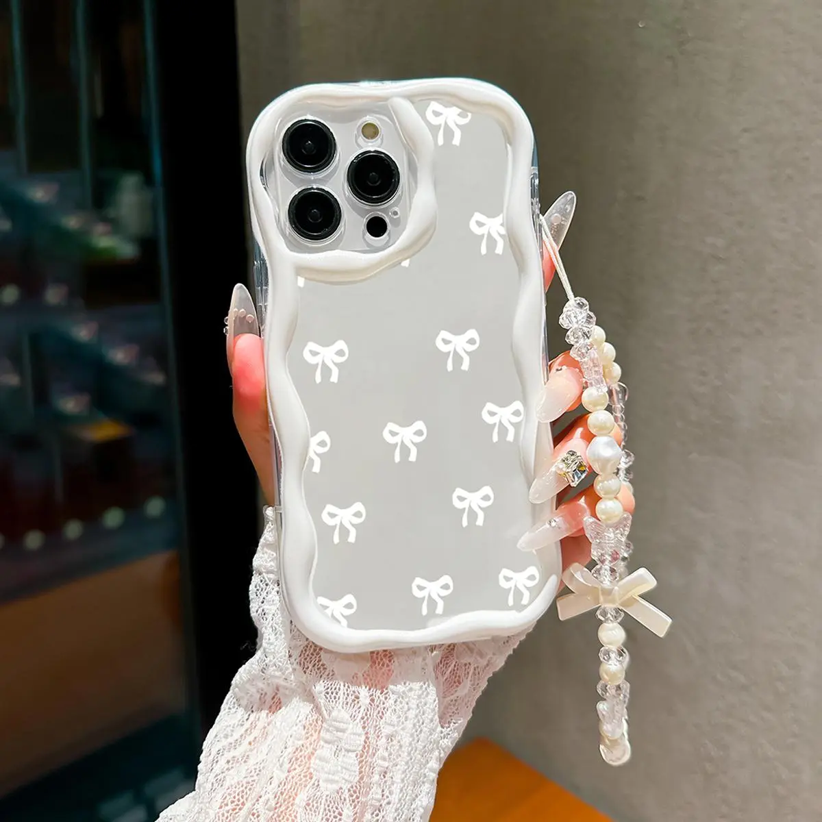 Bow Pattern Phone Case with Beaded Lanyard, Cute Protective Phone Case, Decorative Phone Protector Cover Compatible with iPhone 11 12 13 14 15 16 Pro Max