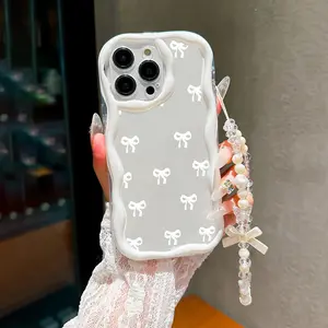 Bow Pattern Phone Case with Beaded Lanyard, Cute Protective Phone Case, Decorative Phone Protector Cover Compatible with iPhone 11 12 13 14 15 16 Pro Max