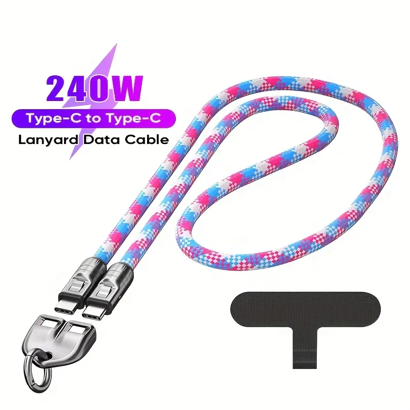 240W Charging Cable With Lanyard, 5A Fast Charging USB-C Cable, C to C, 2-in-1 Fast Charging Data Cable and Phone Lanyard, 480Mbps Data Transfer, Removable, Nylon Braided Cable Body,  Wearable Bracelet, Type C to USB C