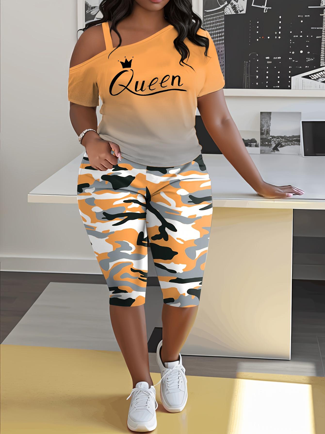 Women's 2-Piece Casual Chic Cowl Neck Shortsleeve Outfits - "Queen" Lettering Camisole, Camouflage Shorts, Casual Vacation Wear, Casual Chic Set