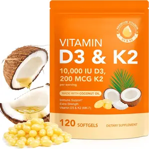 Vitamin D3 10000 IU & K2 200 mcg Softgels w/ Coconut Oil for Bone, Teeth, Blood Vessels, Immune System Support, Promoting Calcium Absorption | Extra Strength, Easy to Swallow, Non-GMO, Gluten Free