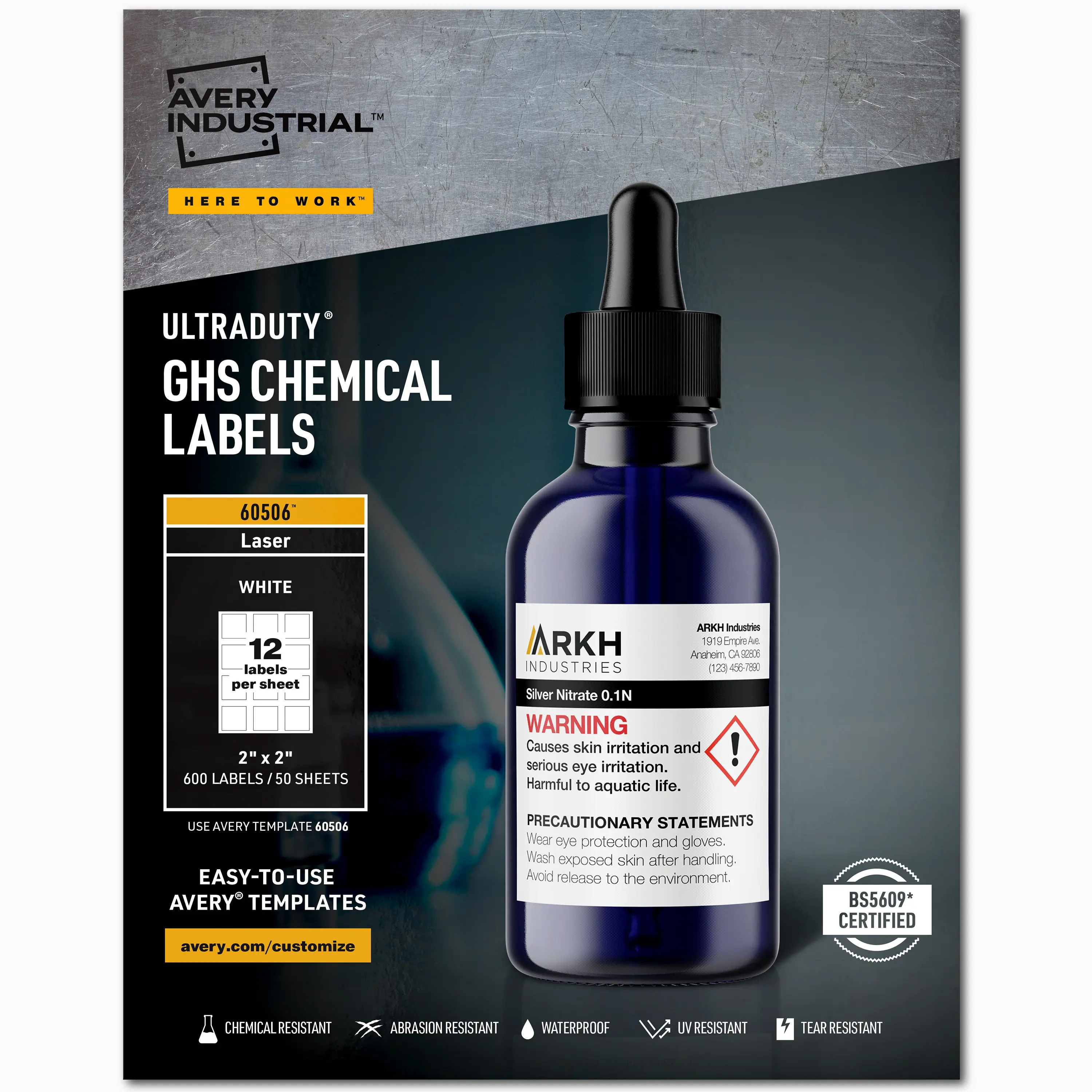 Avery UltraDuty GHS Chemical Labels for Laser Printers, Waterproof, UV Resistant, 2 x 2, 600 Pack (60506)