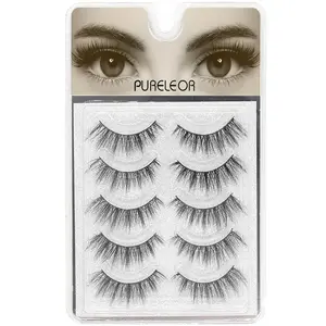 PURELEOR Natural Look Eyelashes 3D Mink Cat Eye Lash Wispies 15mm Manga Lashes 5 Pairs Soft Reusable False Eyelashes Lightweight, No Glue Included
