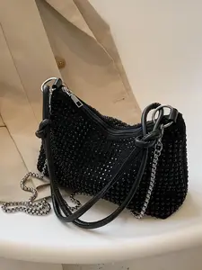 Women's Fashion Rhinestone Decorated Shoulder Bag, Embellished Shoulder Bag, Elegant Plain Suede Crossbody Bag for Party Wedding, Trendy Matching Underarm Bag for Women, Crossbody Chain Bag