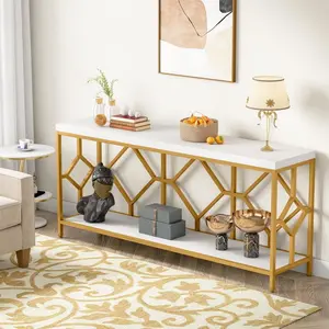 212 MAIN 70.9 in. Narrow 2-Tier Industrial Console Table - Metal Frame, Diamond Design, White & Gold, Adjustable Ft, Easy Setup, Modern Accent Table, Ideal Behind Couch, Center Table Console