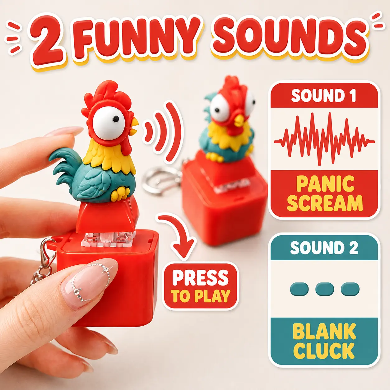 2-Sound Rooster Button Keychain, Funny Press-to-Play Chicken Gift, Type-c Charge