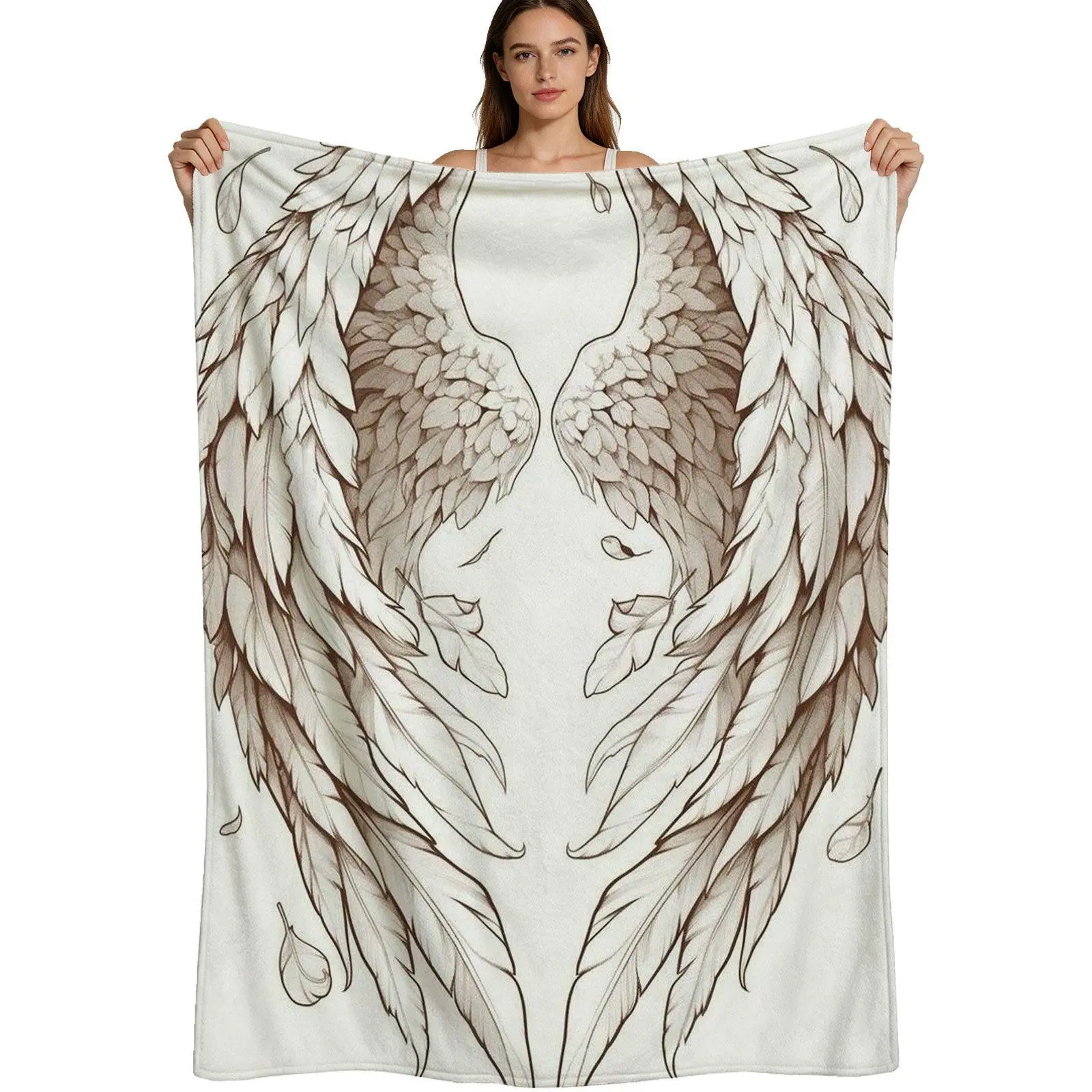 Artistic Style, Warm Flannel Blanket, Detailed Feather Wings Pattern, Soft Brushed Fabric Texture, For Bedroom Or Living Room Decor, 4 Sizes Available, Single Pack