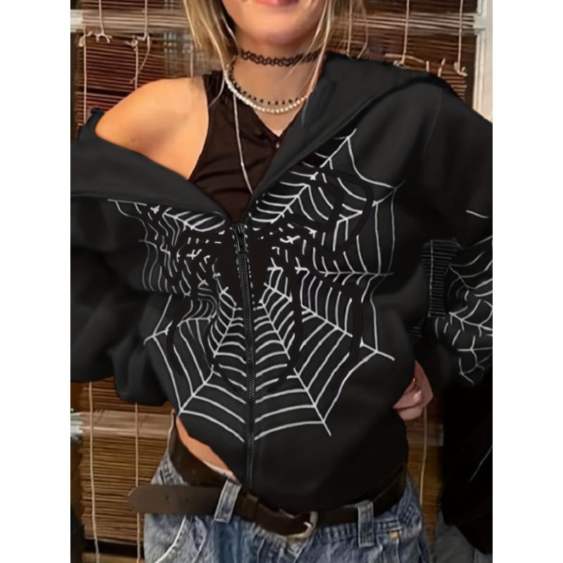 Women's Y2K Spider Web Print Zip-Up Hoodie Jacket - Vibrant Red Geometric Pattern, Long Sleeve Machine Washable Fall Casual Streetwear, Spider Hoodie, Seasonal Clothing, Bold Design, Quality Stitching, Statement Piece, Fashion Enthusiasts