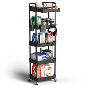 5 Tier Rolling Cart Organizer,Bathroom Cart Organizers with Wheels Laundry Room Organization Mobile Shelving Unit Utility Cart Storage Shelves Multi-Functional for Office, Home(Black)