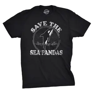 Mens Save The Sea Pandas Funny Whale Orca Dolphin Ocean Life T shirt Mens Funny T Shirts Cool Vintage Fashion T-Shirt Gift Classic Menswear Environmental Apparel for Men Funny Animal Short Sleeve Novelty Tees Black
