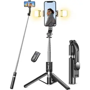 Selfie stick tripod with light, 45 ''selfie stick with wireless remote, portable phone tripod compatible with iPhone 16/15 Pro Max/15/14 pro/14/13, Samsung S22/ S23 ultra/Android smartphone