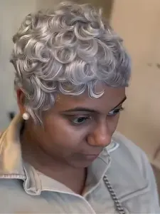 Silver Gray Elf Cut Curly Wavy Women's Human Hair Wig, Short Loose Wave Style, Glueless Rose Mesh Cap, Women's Non Lace Elf Cut Wig with Bangs Ideal Mom Wig, Great for Everyday Wear, Christmas Outfits