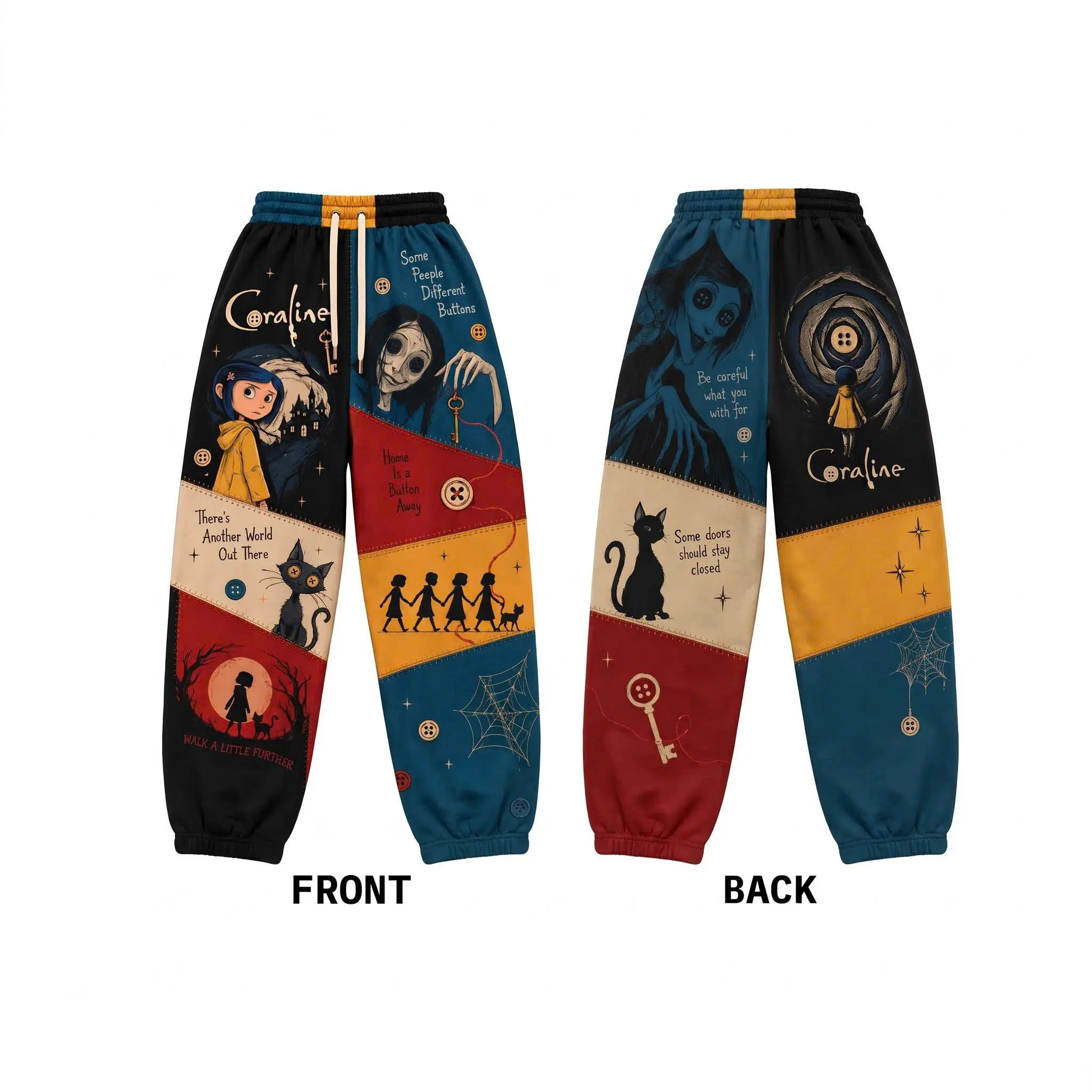 Button World Patchwork Wide Leg Sweatpants, Spooky Gothic Graphic Baggy Jogger Pants, Halloween Casual Streetwear