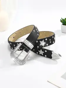 Y2K Punk Crystal Belt, Silver Color Cross/star Buckle, Studded Western Belt, Grunge & Cowboy Style, Fashion Accessory