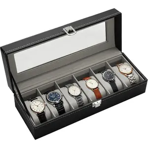 Watch Box Organizer 6 Slots – Upgraded PU Watch Case with Lid, Watch Display Box with Removable Cushions, Watch Storage Holder and Jewelry Organizer, Gift for Men and Women (6 Slots)