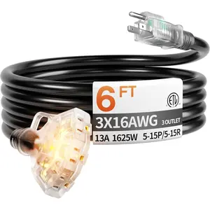 6 ft 16/3 awg 3 Outlet Extension Cord Splitter with ,  Indoor/Outdoor Extension Cord with Multiple Outlets, 13A 1625W for  & Workshop, ETL Listed, Flexible Black SJTW