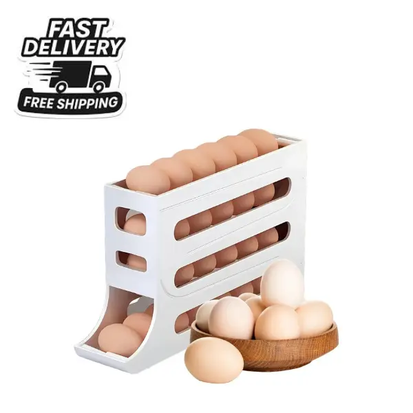 Automatic Rolling Egg Storage Organizer 4-Tier Space-Saving Fridge Holder for 28 Eggs White PP Plastic Kitchen Cabinet Refrigerator Tray