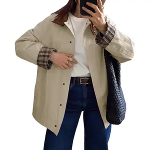 Women’s Oversized Trench Coat, Autumn Barn Jacket, Leather Collar, Plaid Colorblock, Windproof Overcoat