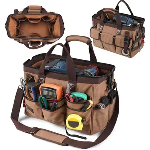 14 Inch Portable Electrician Tool Bag 21 Pockets - Heavy Duty 16OZ Canvas Tool Bags Organizer with Wide Mouth & Adjustable  Strap for HVAC, Mechanics, Maintenance, UTV-Effortless Carry
