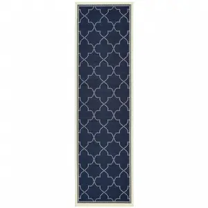 HomeRoots Decorative Area Rug - 2x8 ft Navy Geometric Grid Power-Loomed Rug, Stain-Proof, Anti-Mold Indoor/Outdoor Rectangle Carpet with Navy Accents, Anti-Mold Area Rugs, Navy Accents Area Rugs