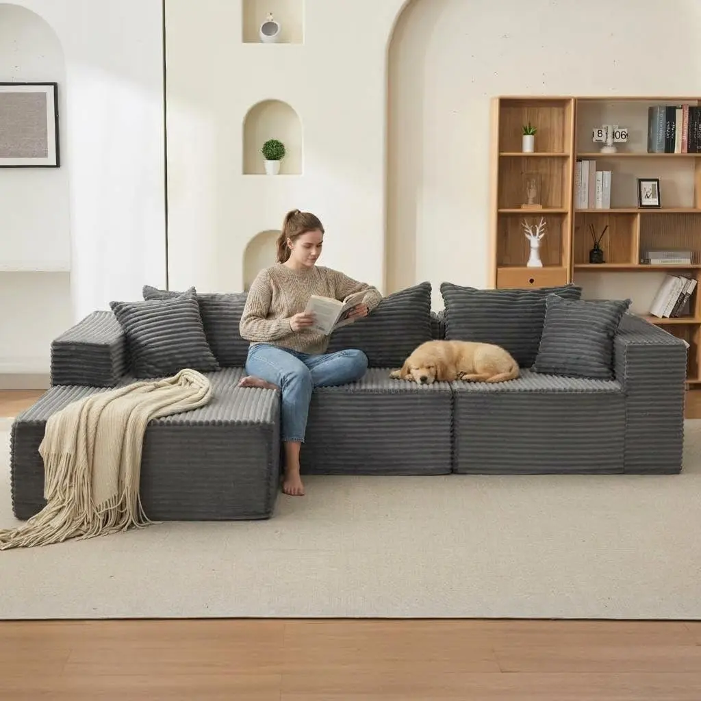GARVEE 108" L-Shaped Boneless Corduroy Cloud Couch, Long-Pile No-Assembly Modular Sectional with Left-Facing Chaise, Gray Indoor Living Room Furniture Set