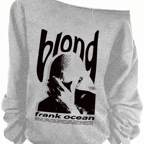 Women's Blond Letter Print Off Shoulder Knit Sweatshirt, Casual Knitted, Knitwear, Graphic Knitwear, Fitted Casual Chic Long Sleeve Pullover for Fall & Winter, Women's Clothes for Daily Wear, Aesthetic Casual Pullover, Hoodie, Tops, Womenswear