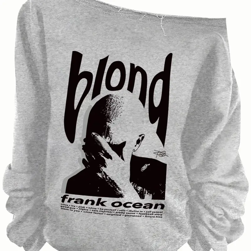 Women's Blond Letter Print Off Shoulder Knit Sweatshirt, Casual Knitted, Knitwear, Graphic Knitwear, Fitted Casual Chic Long Sleeve Pullover for Fall & Winter, Women's Clothes for Daily Wear, Aesthetic Casual Pullover, Hoodie, Tops, Womenswear