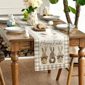 Happy Easter Table Runner 13x72/108 Inch Plaid Bunny Table Runner Seasonal Spring Kitchen Dining Table Decoration for Home Party Easter