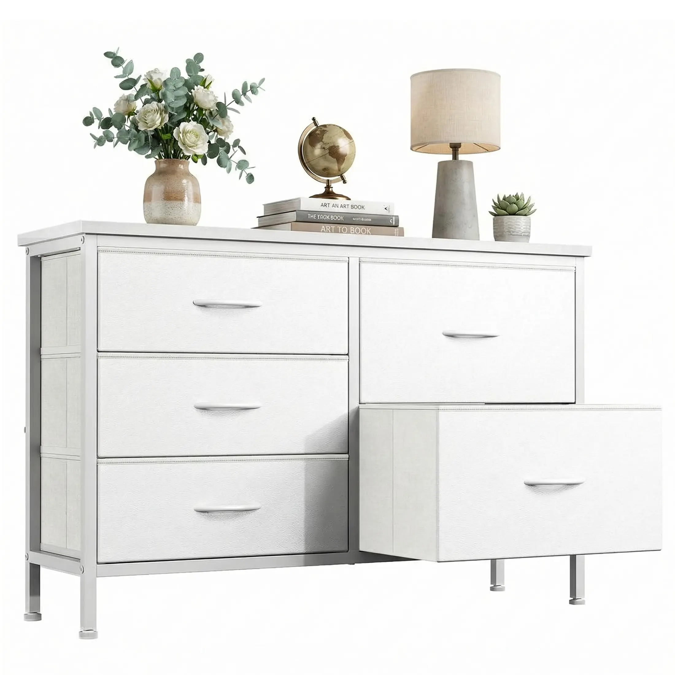 5-Drawer Steel Frame Dresser - White Furniture Fabric Bedroom Dresser with Metal Frame, Home Decor Organizer Storage Unit for Living Room TV Stand, Bedroom Clothes Storage