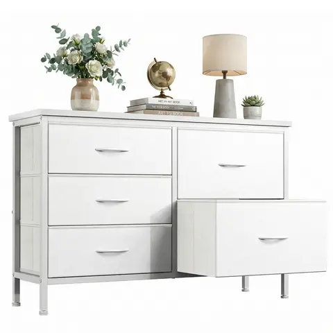 Sweetcrispy 5-Drawer Steel Frame White Fabric Bedroom Dresser with Easy-Clean Top, Floor-Safe Feet, Height Adjustment - 39.4x11.8x25.3in Rectangular Indoor Cupboard, Room Decor, Small Space Apartment Furniture (Living Room TV Stand Organizer)