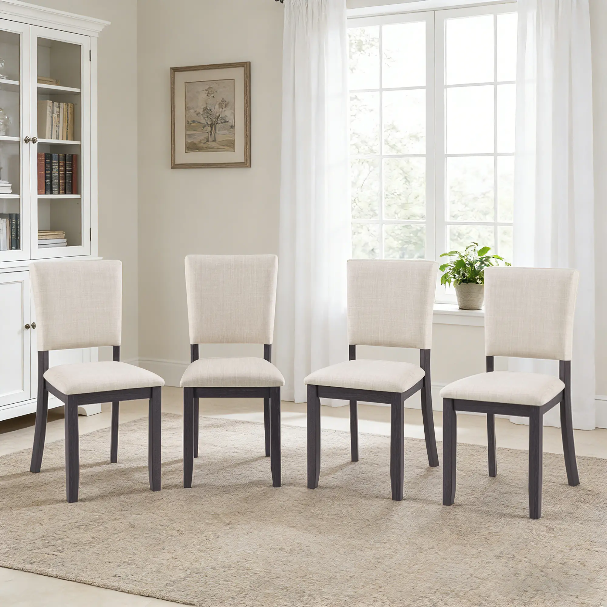 Dining Chairs (4-Piece) - Modern Minimalist Antique Finish, Upholstered Padded Seats Curved Back, Rubberwood Frame, Without Arms, Assembly Required, Quick Setup Indoor Dining Room Furniture, Black & Beig, 17x20.5x36in