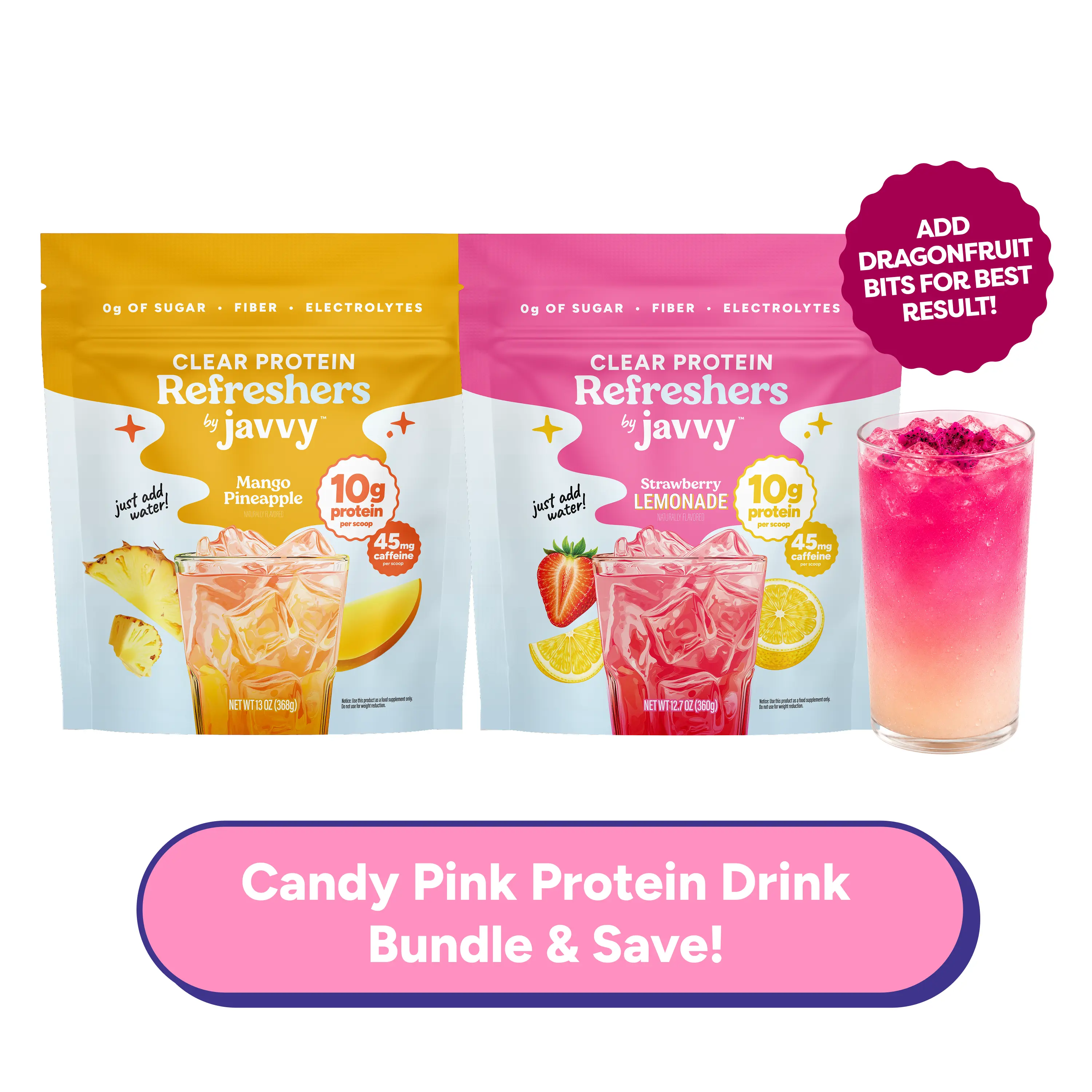 Javvy Candy Pink Protein Drink TikTok Exclusive - Strawberry Lemonade + Mango Pineapple Refresher Clear Whey Protein Drink Mix, 45mg Caffeine, 0g Sugar, 10g Protein, With Fiber & Electrolytes, 20 Servings Each