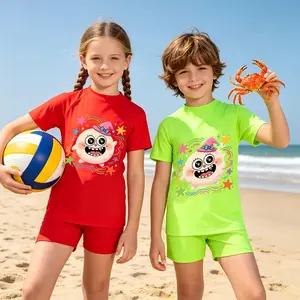 Cartoon rainbow monster split swimsuit forkids, black short-sleeve summer outfit with sun protection and quick-dry fabric, ideal for seaside vacationand water play