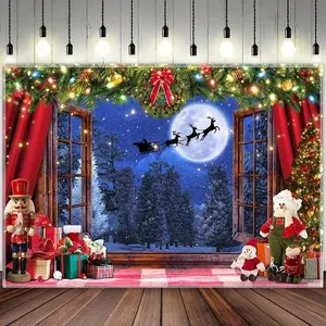Christmas Window Winter Wonderland Photography Backdrop, Xmas Tree Rustic Wooden Window Moon Night Santa Claus Party Photo Background Tapestry, Winter Snow Moon Elk Banner Decoratio