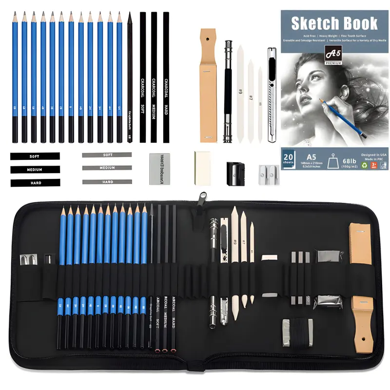 34Pcs Pro Drawing Kit Sketching Pencils Set,With Sketchbook,Portable Zippered Travel Case-Charcoal Pencils, Sketch Pencils, Charcoal Stick,Sharpener,Eraser.Art Supplies, Art School Supplies for Artists Beginner Adults Teens, Artist Bundle, Art Materials