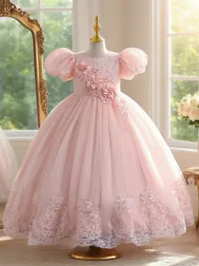 Girls' elegant puff sleeve dress with embroidered floral design suitable for dance piano anniversary or other occasions Floral Embroidery Dress