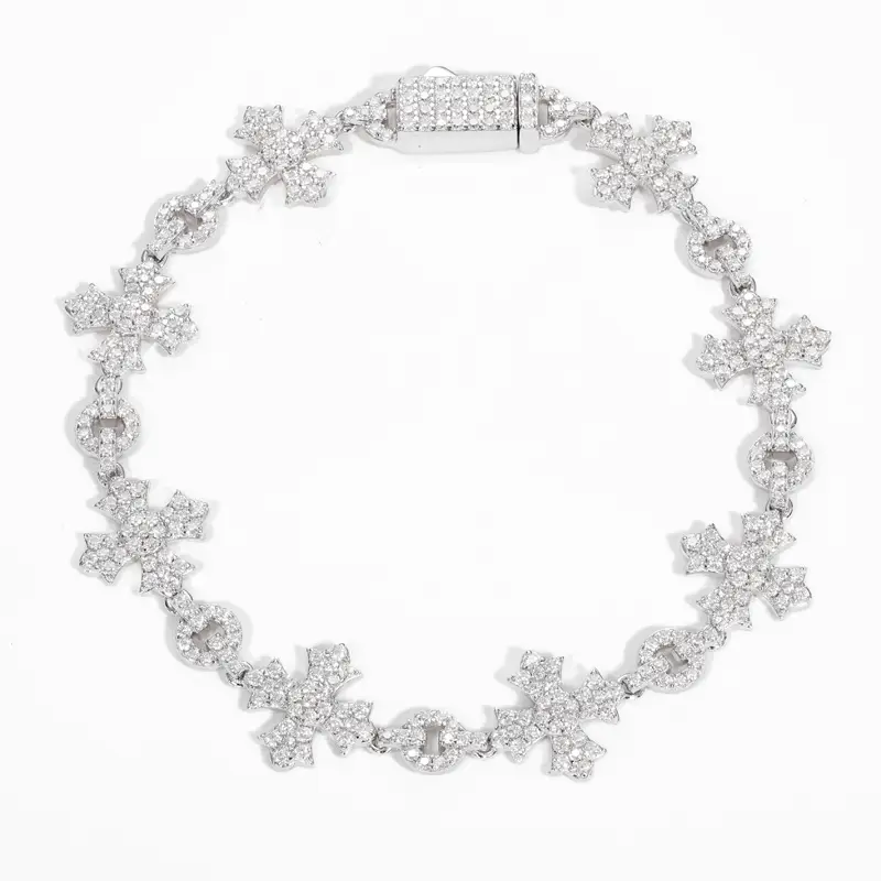 【#B187】 Shiny Synthetic Moissanite Chain Bracelet Cross Delicate Bracelet 925 Sterling Silver Men's Hip Hop Rap Party Trend
