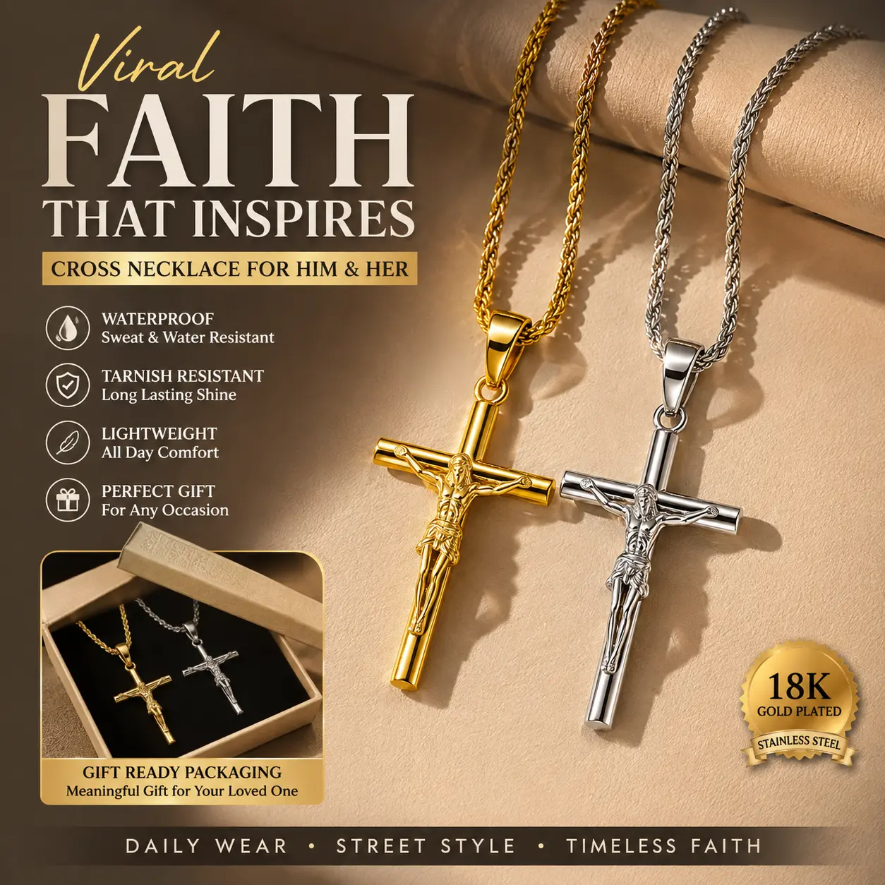 Viral Christian Cross Necklace for Men Women, 18K Gold Plated Jesus Crucifix Pendant, Vintage Streetwear Faith Jewelry for Daily Wear, Waterproof Tarnish Resistant Lightweight Stainless Steel, Couple Gift for Boyfriend Husband Anniversary