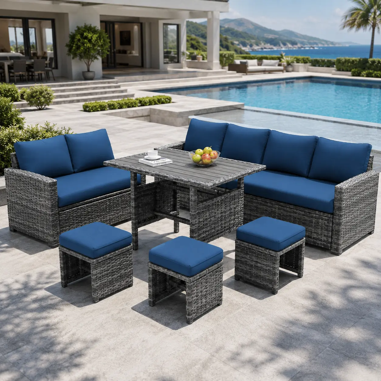 7-Piece Outdoor Wicker Patio Furniture Set, Weather-Resistant PE Rattan Sectional Sofa with Cushions, Outdoor Conversation Set for Backyard, Deck & Garden