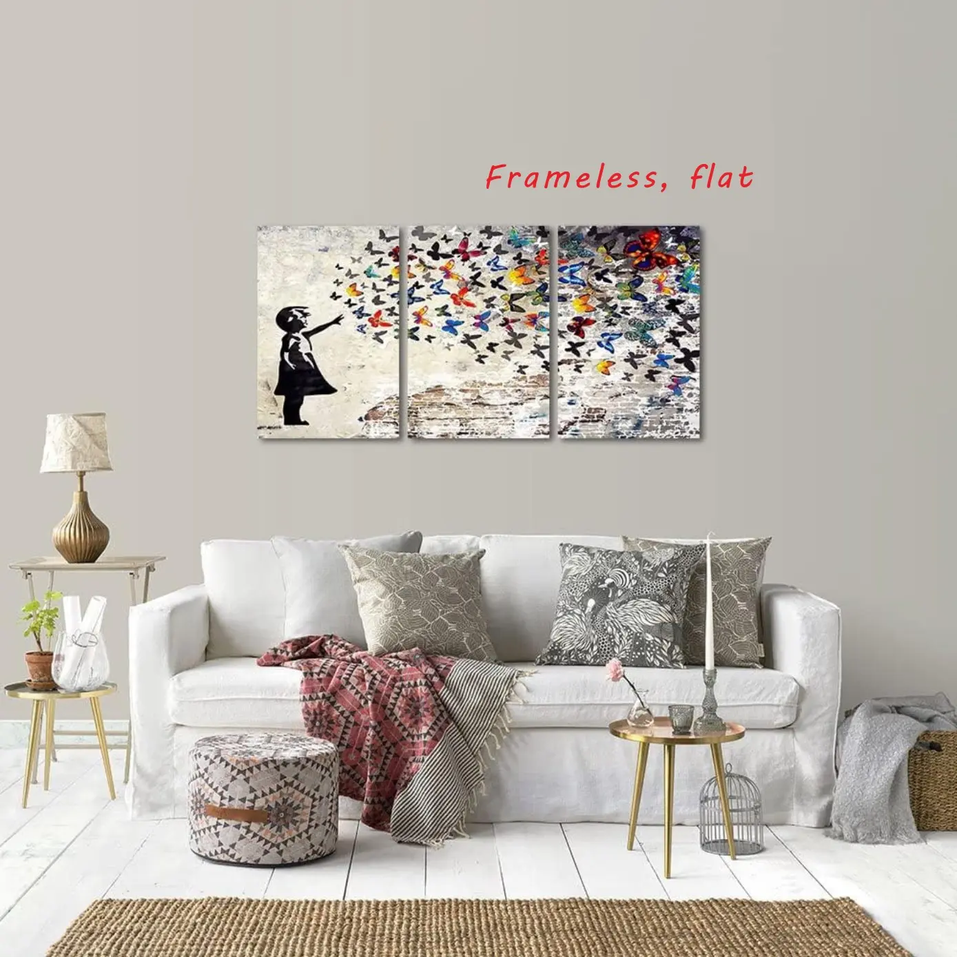 3PC / Vibrant Graffiti Wall Art Playful Butterfly Paintings, Banksy Street Art Murals, Pop Art Home Decor, Living Room Framed Canvas Decorations 2D Flat Frameless
