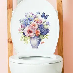 Flower and Leaf Vase Toilet Sticker, Bathroom Home Decoration Wall Sticker.