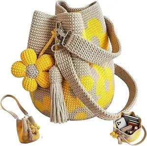 Women's Handmade Crochet Flower Tote - Aesthetic Shoulder Handbag, Bohemian Casual Purse, Textured Knit Open-Top Casual Bag, Beach Crossbody Storage Organizer