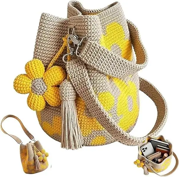 Women's Handmade Crochet Flower Tote - Aesthetic Shoulder Handbag, Bohemian Cottagecore Open-Top Storage Organizer, Handmade Texture Knit Crossbody Bag for Beach, Fold-Flat Travel Use