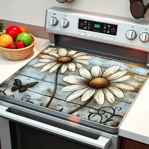 1pc Stovetop Protector Mat with Rustic Daisy & Butterfly Design - Heat-Resistant Non-Slip Scratch-Proof Easy-Clean Surface for Gas/Electric Stoves, Washer/Dryer & Glass Top Appliances, Kitchen Appliance Cover |   Vintage Floral Design