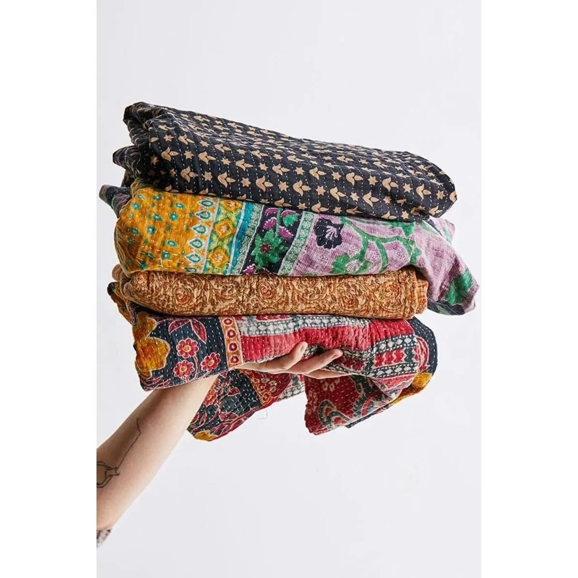 Indian  Kantha Quilt Handmade Throw Reversible Cotton Blankets 1 Quilt Assorted Colors RCKQT0096 RCKQT0096 55X85 Inches