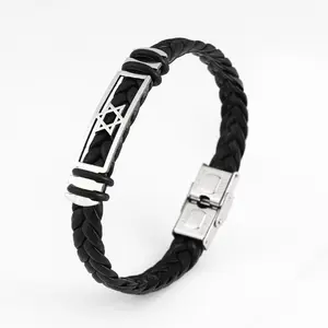 Minimalist European-American Stainless Steel and Leather Star Bangle with Anti-Slip Buckle, Laser-Cut Fashion Costume Jewelry for Daily and Casual Wear