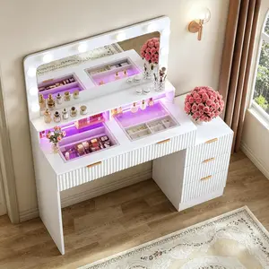 Fluted Vanity Desk with Mirror and Lights, Makeup Vanity Desk with Glass Top, Nightstand & Fluted Panel Design, 5 Drawers, 3 Colors Lighting Adjustable Brightness, Power Outlet, White
