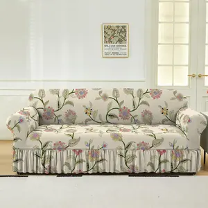 Floral Print Sofa Cover, 1 Count with Ruffle Trim, Dustproof Sofa Protector for Home Living Room, Sofa Protector for Home Living Room, Stretch Sofa Cover